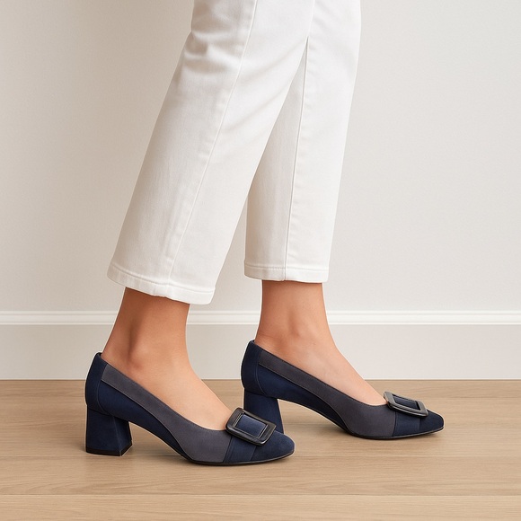 Brenda Zaro Navy Blue And Gray Suede Buckle Square‎ Toe Heel - Picture 1 of 8